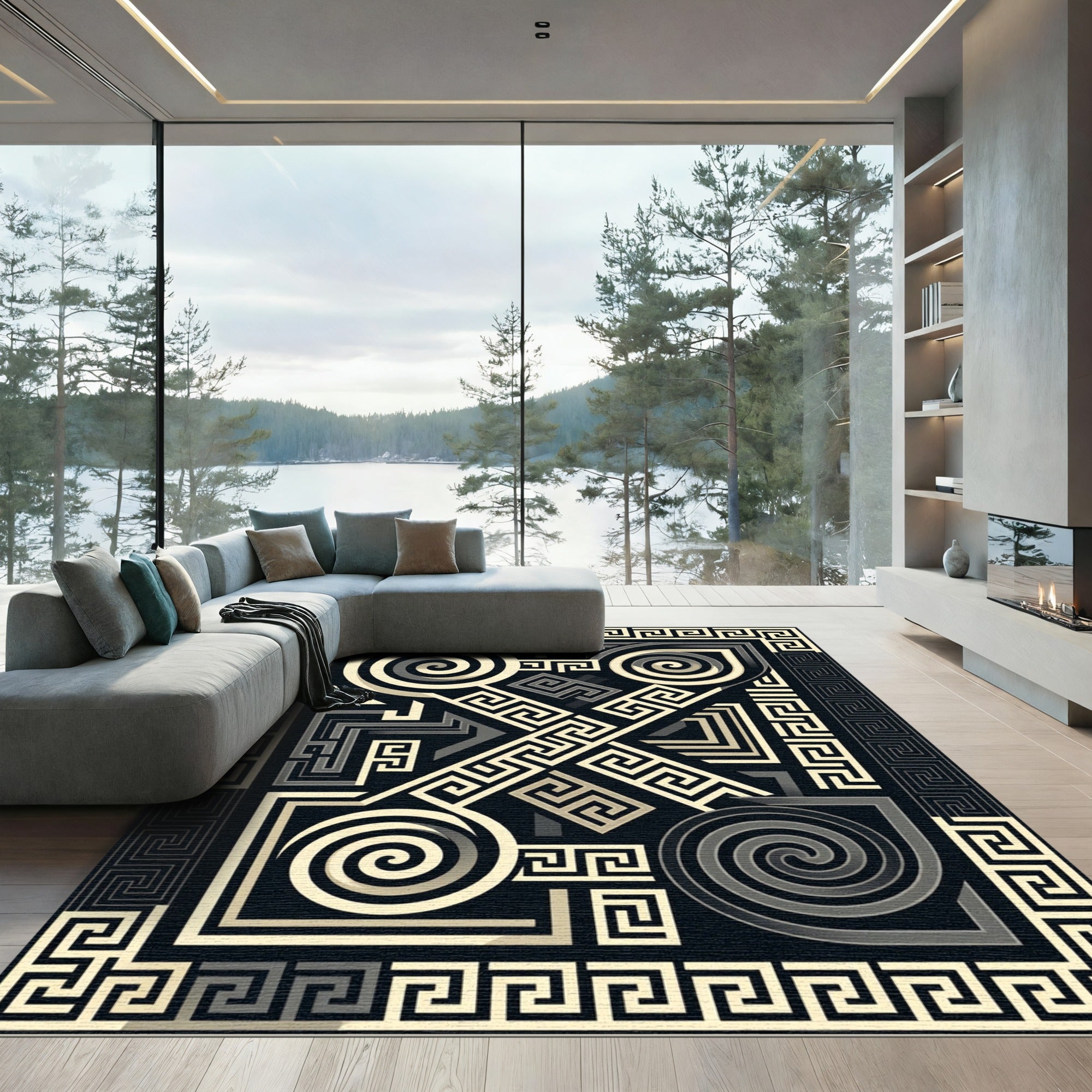 Monochromatic Greek Key Geometric Swirl Rug