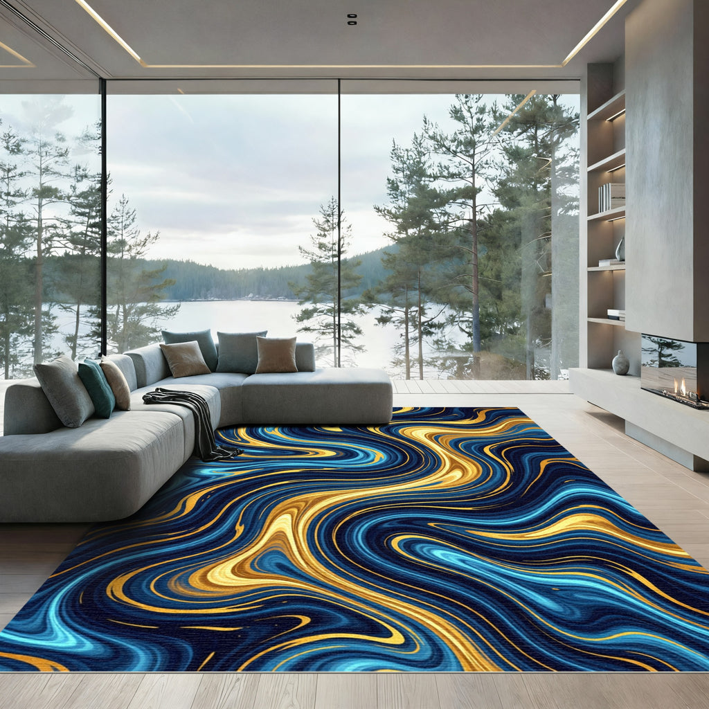 Abstract Navy and Gold Fluid Wave Rug