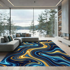 Abstract Navy and Gold Fluid Wave Rug