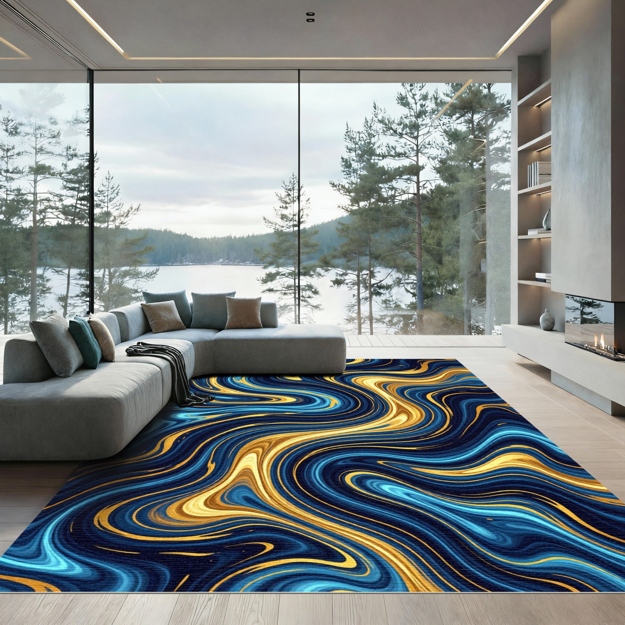Abstract Navy and Gold Fluid Wave Rug