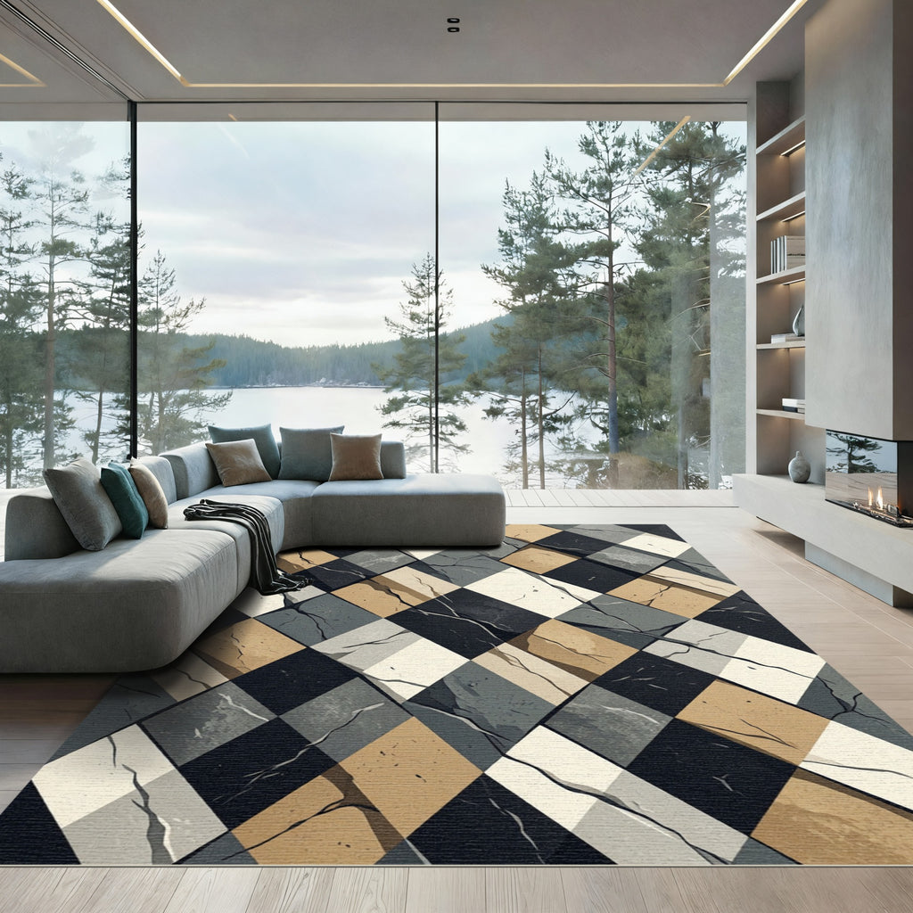 Modern Neutral Toned Geometric Diamond Agate Rug