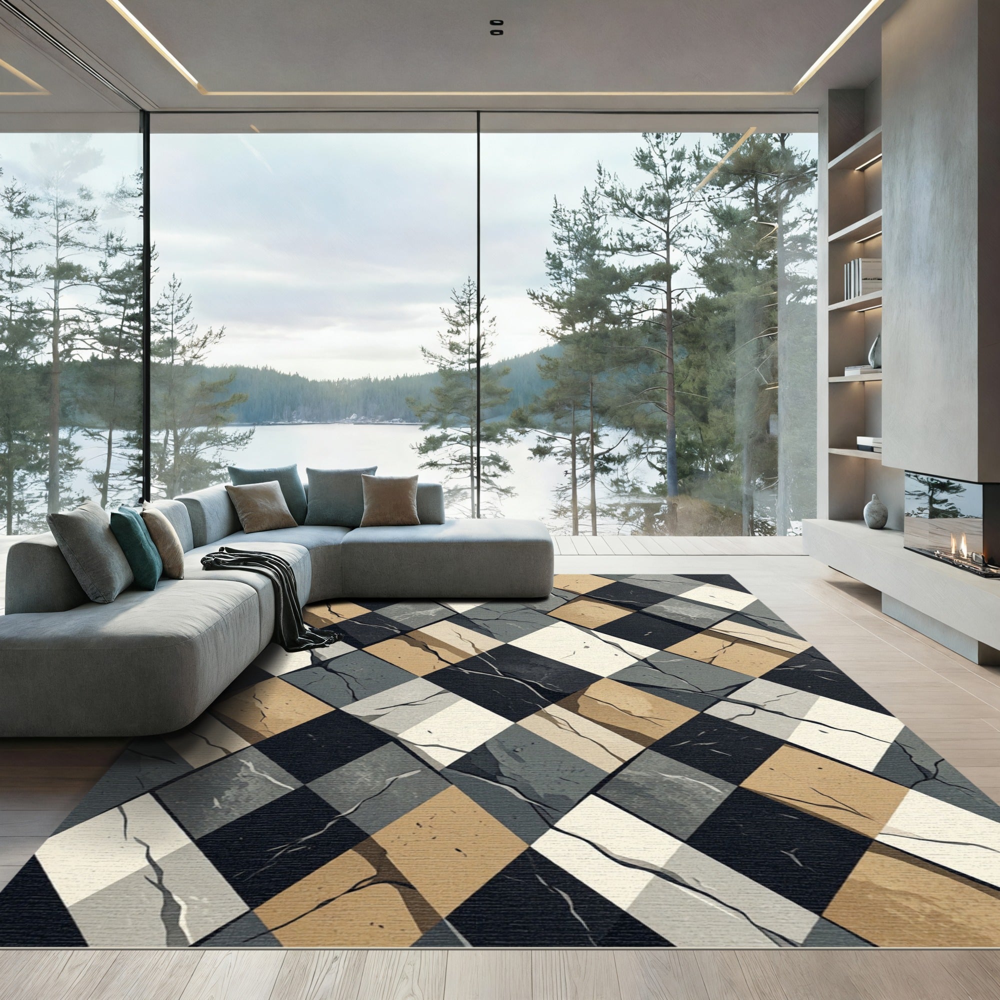 Modern Neutral Toned Geometric Diamond Agate Rug