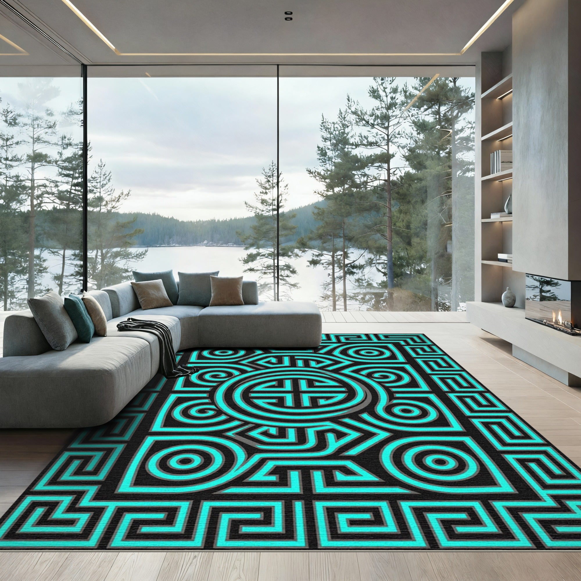 Neon Cyan Geometric Spiral Maze Art Rug
