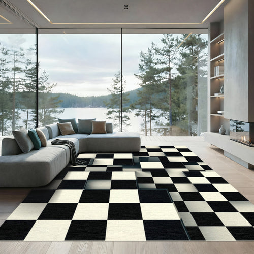 Black White Pixelated Checkerboard Cubes Rug