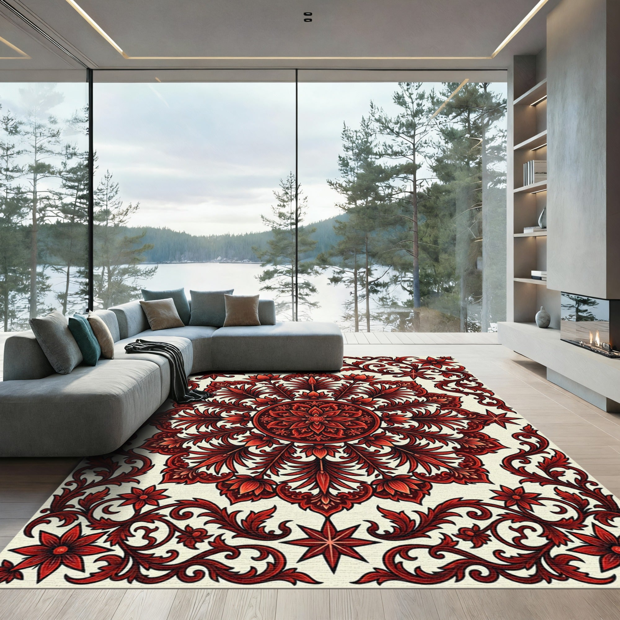 Crimson Floral Medallion with Ornate Scrollwork Rug