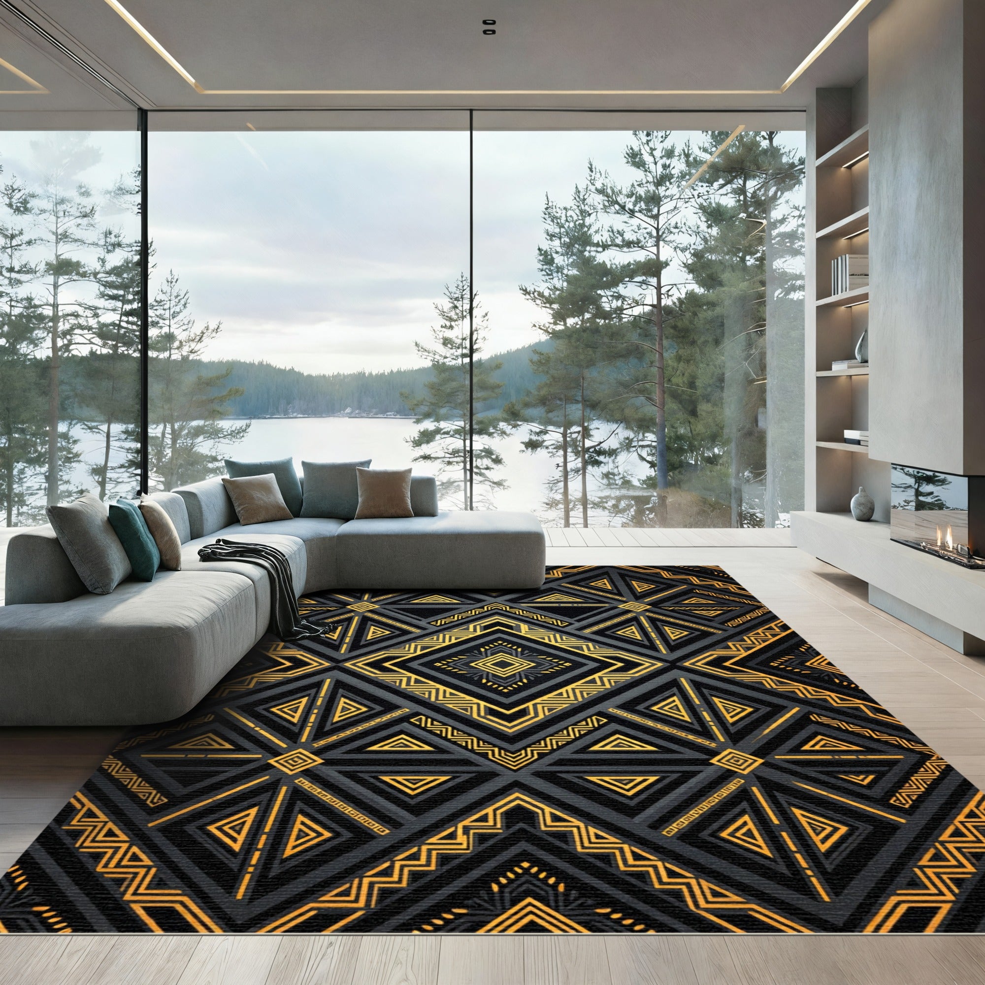 Luxurious Black and Gold Geometric Lattice Rug