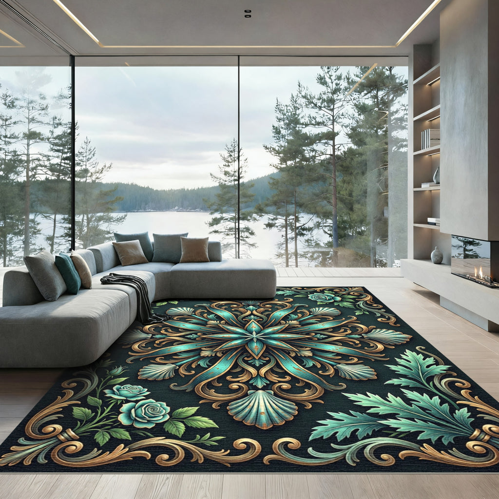 Ornate Teal Shell Golden Baroque Mandala Rug