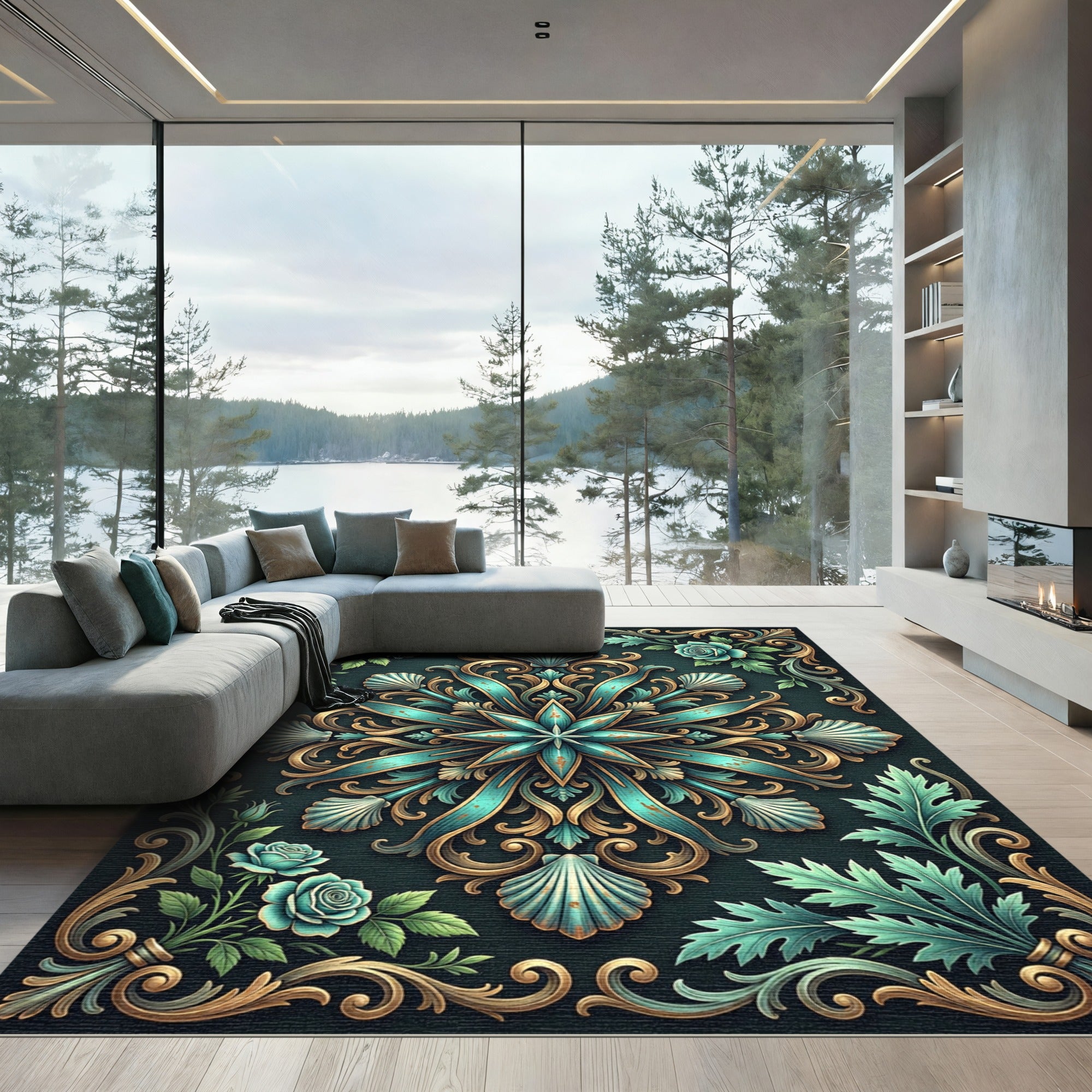 Ornate Teal Shell Golden Baroque Mandala Rug