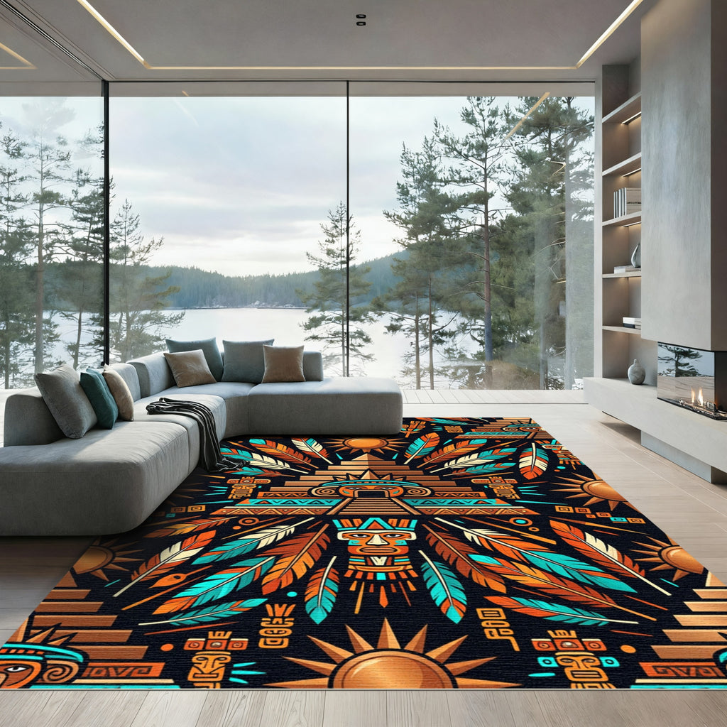 Aztec Sun Feather Gold Teal Art Rug