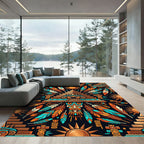 Aztec Sun Feather Gold Teal Art Rug