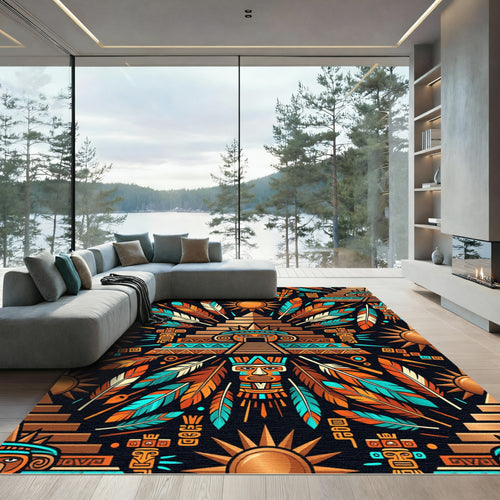 Aztec Sun Feather Gold Teal Art Rug