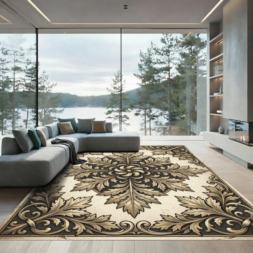Ornate Gold Acanthus Leaf Medallion Rug
