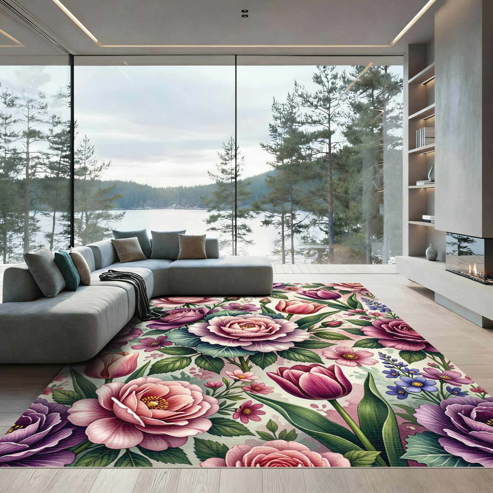 Elegant Victorian Pink and Purple Floral Rug