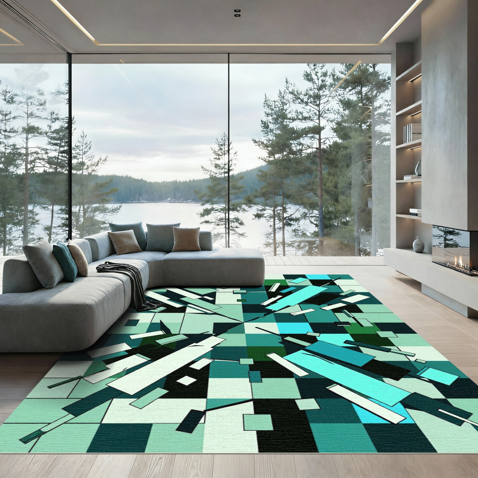 Teal Modern Geometric Abstract Grid Rug