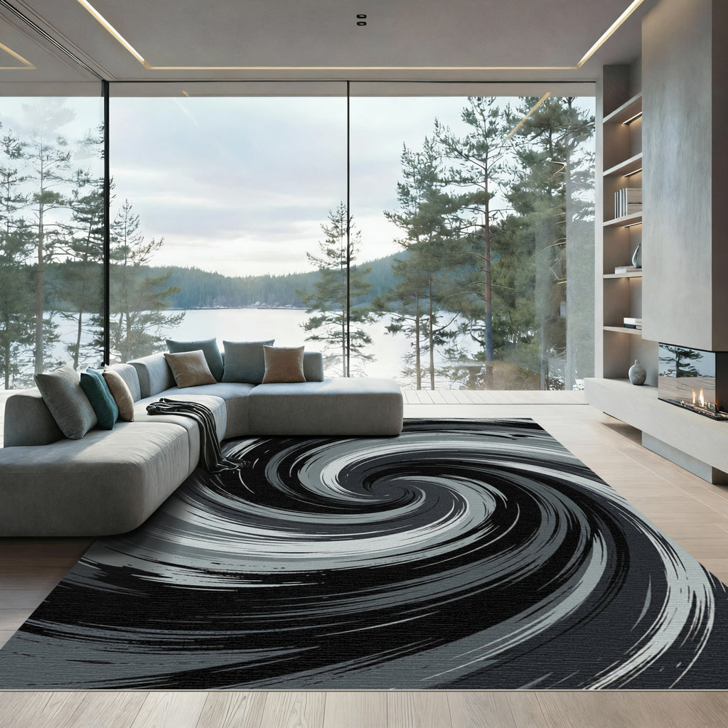 Monochrome Swirling Abstract Cyclone Vortex Rug