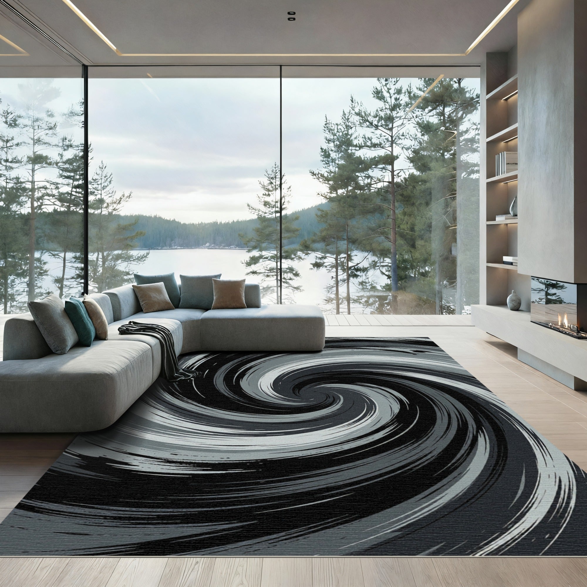 Monochrome Swirling Abstract Cyclone Vortex Rug