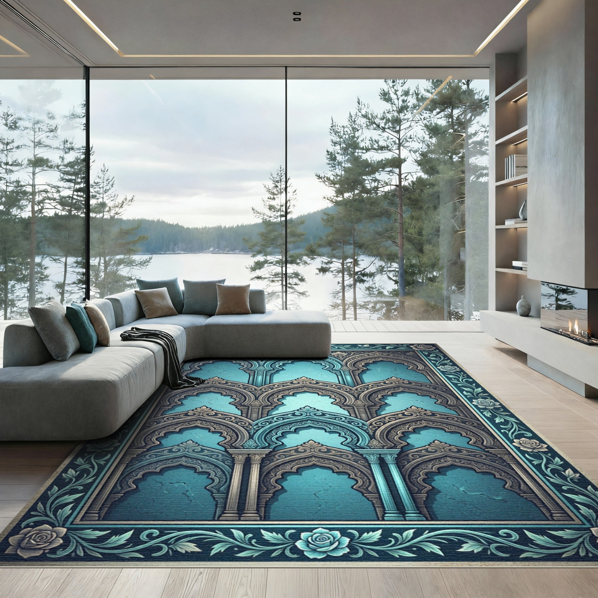Teal Arched Architectural Floral Border Rug