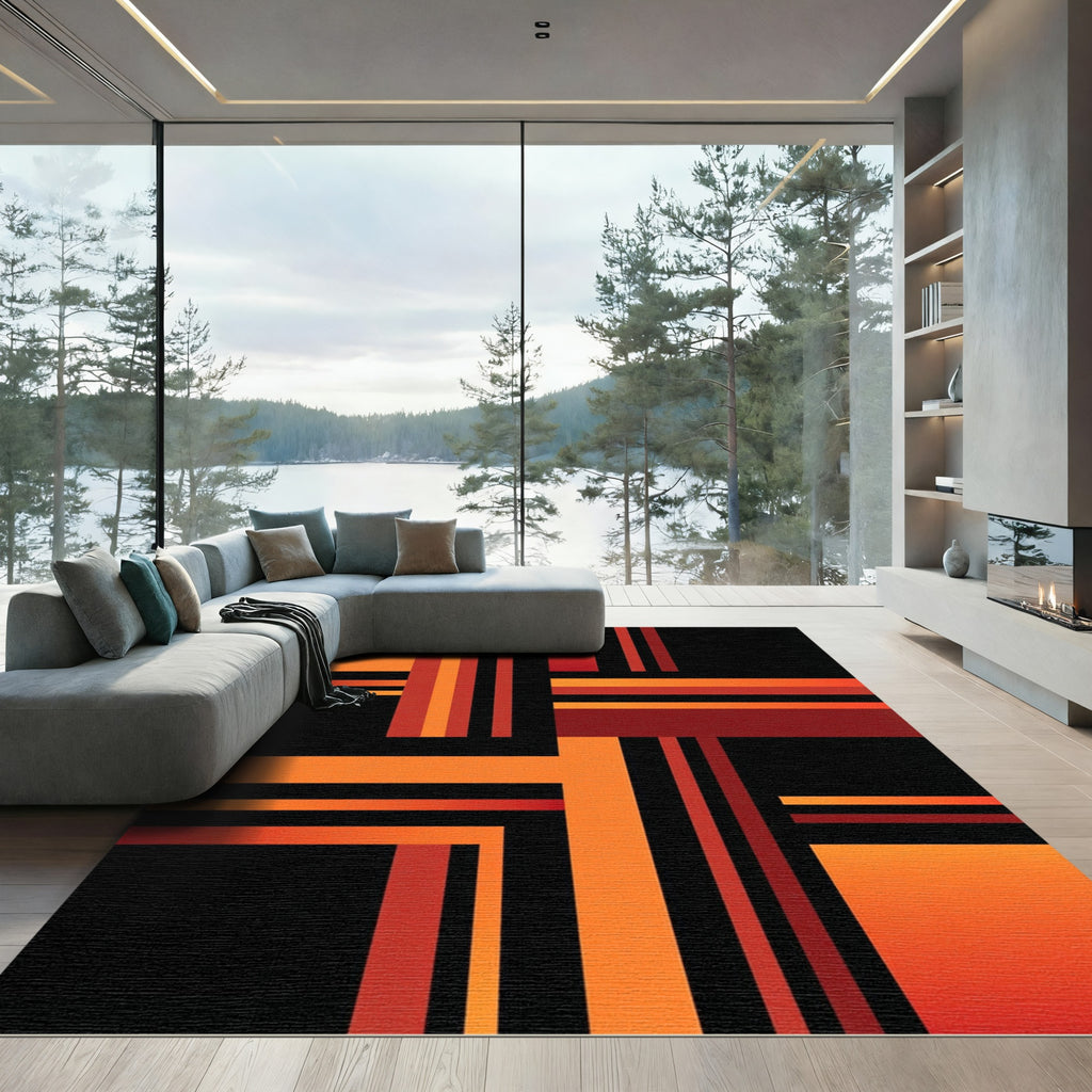 Bold Geometric Orange and Black Linear Art Rug