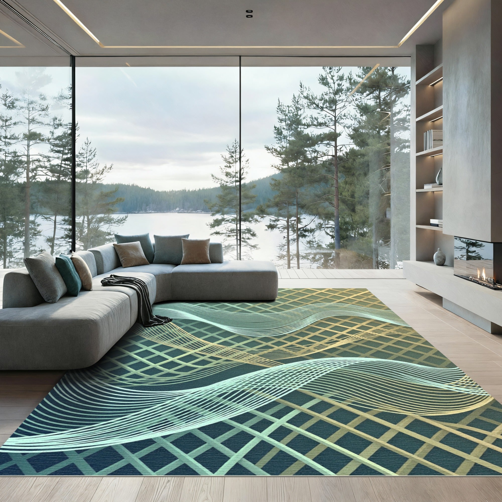 Abstract Golden Teal Wave Grid Rug