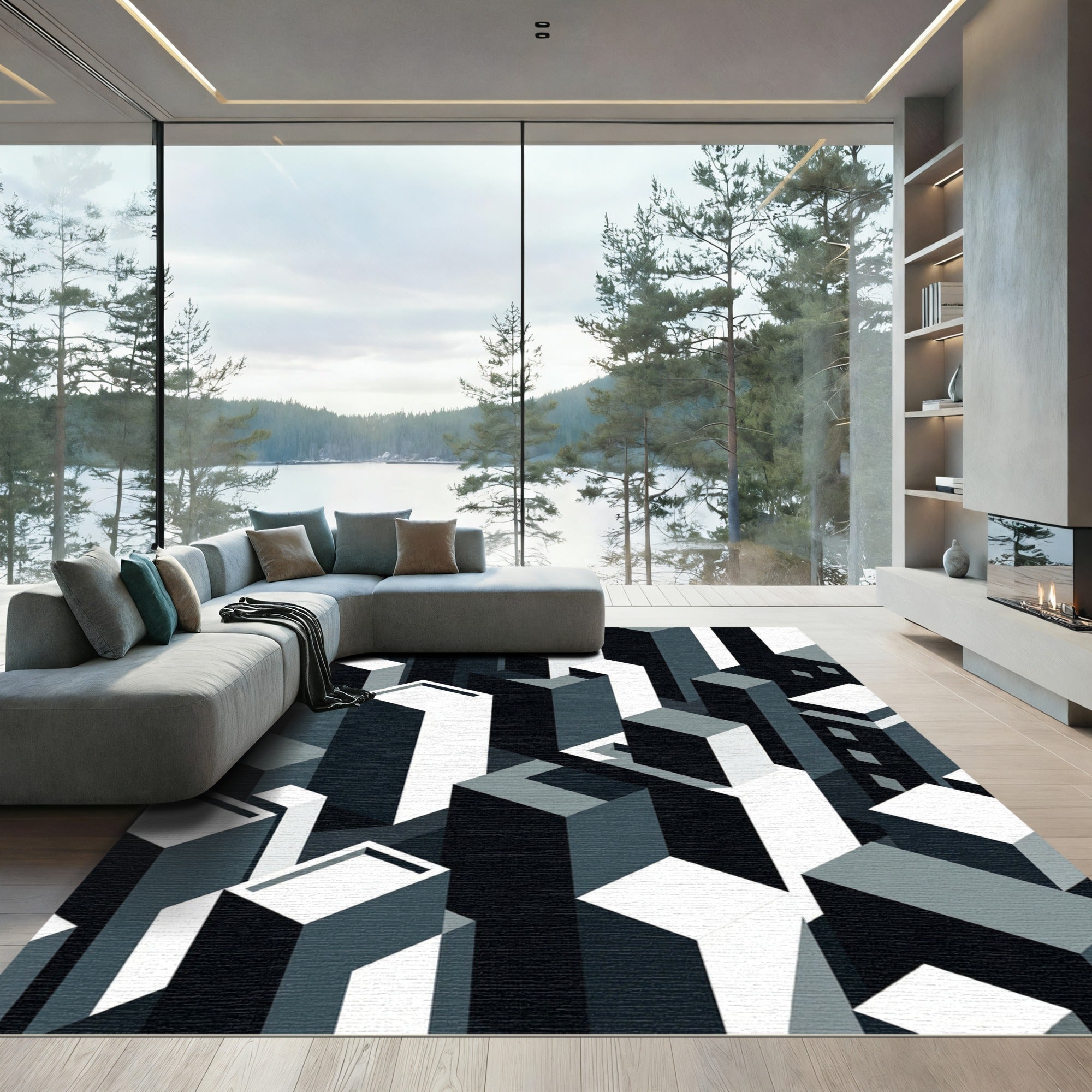 Monochrome Geometric Cityscape Blocks Rug