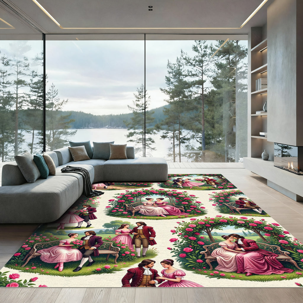 Romantic Couples Pink Rose Garden Courtship Rug