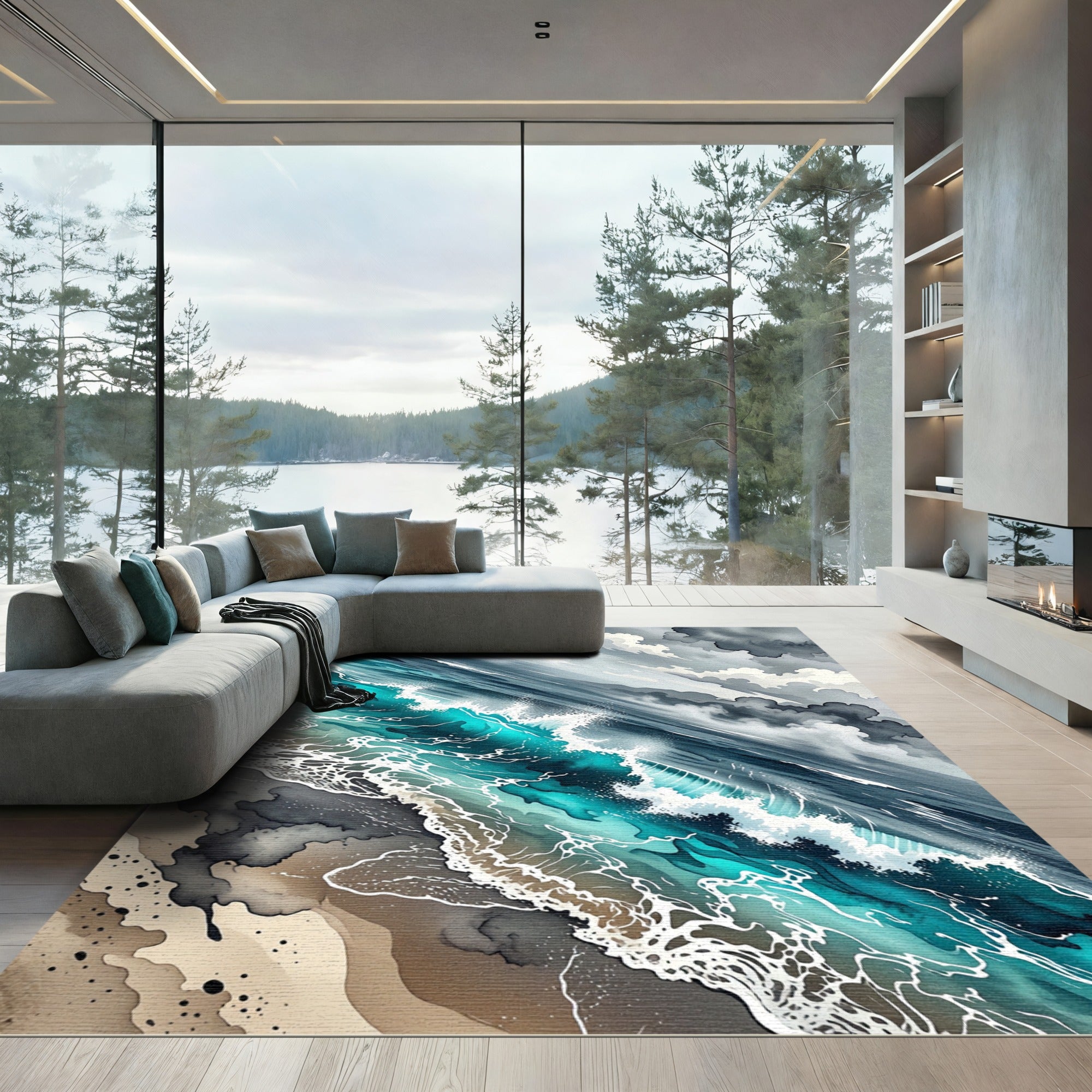 Ethereal Turquoise Ocean Wave Abstract Rug