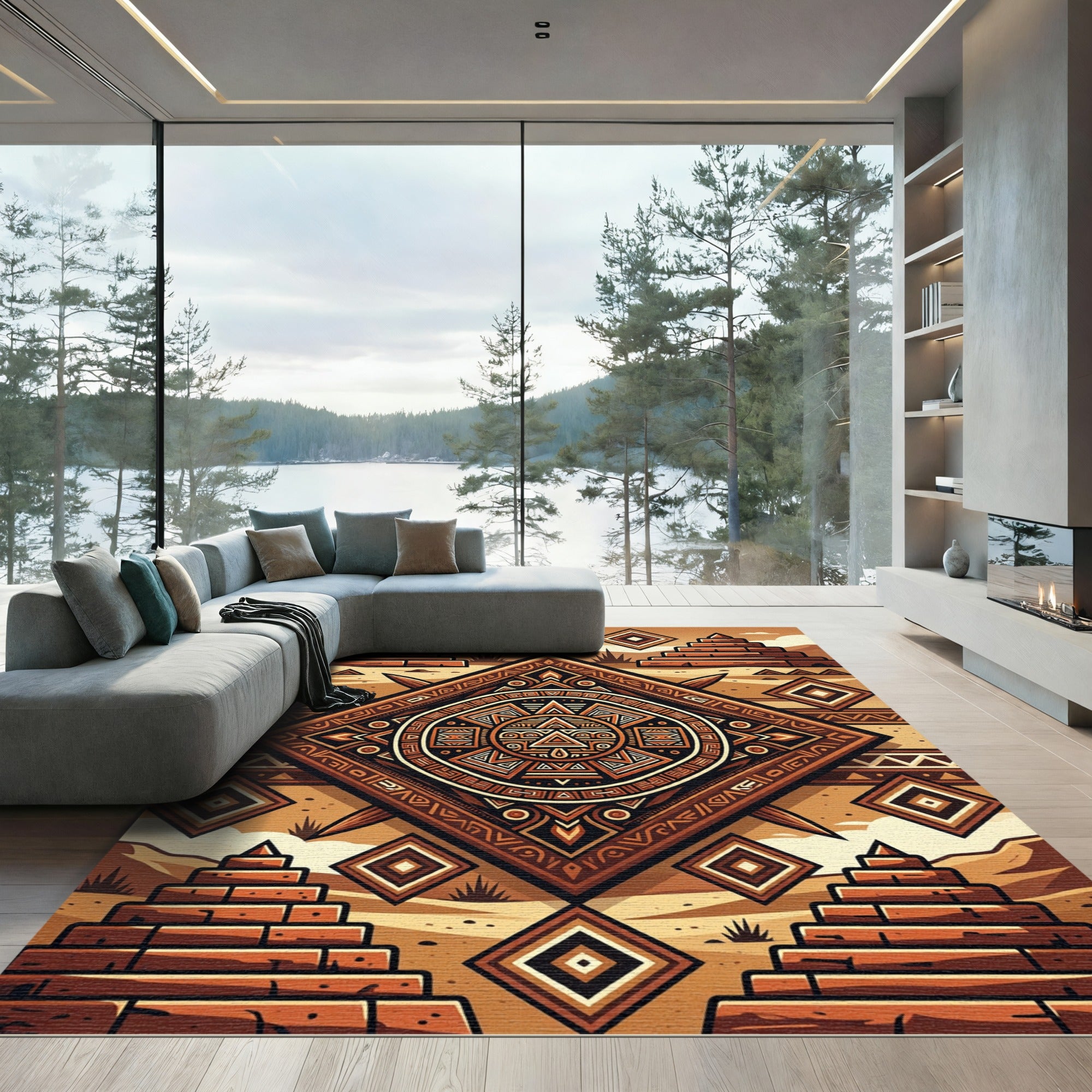 Geometric Aztec Pyramid Terracotta Area Rug