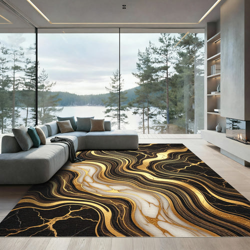 Black and Gold Marble Flow Rug