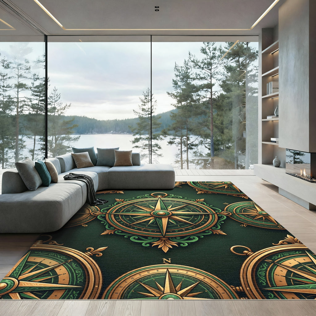 Elegant Emerald Gold Nautical Compass Rug