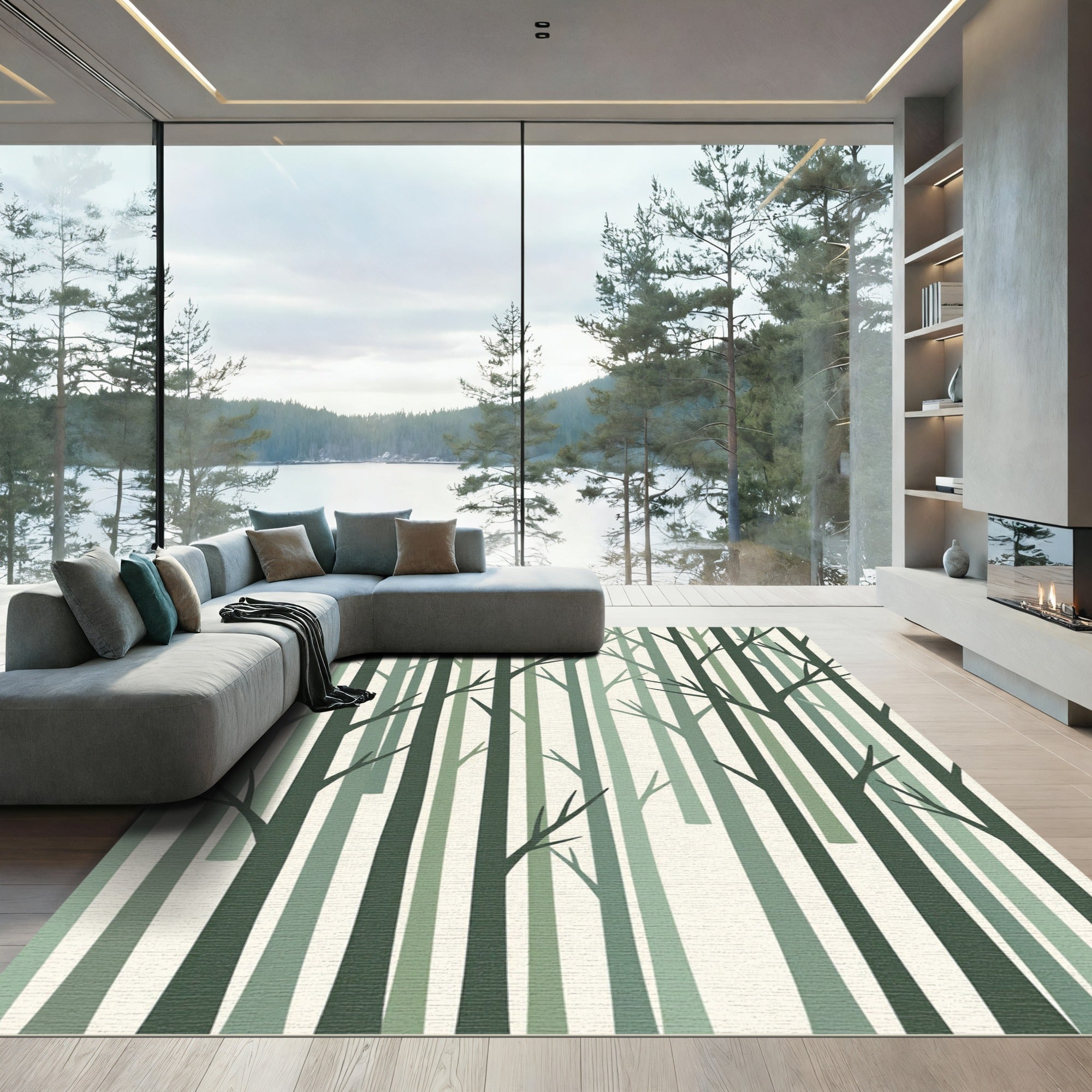 Abstract Minimalist Green Forest Silhouette Rug