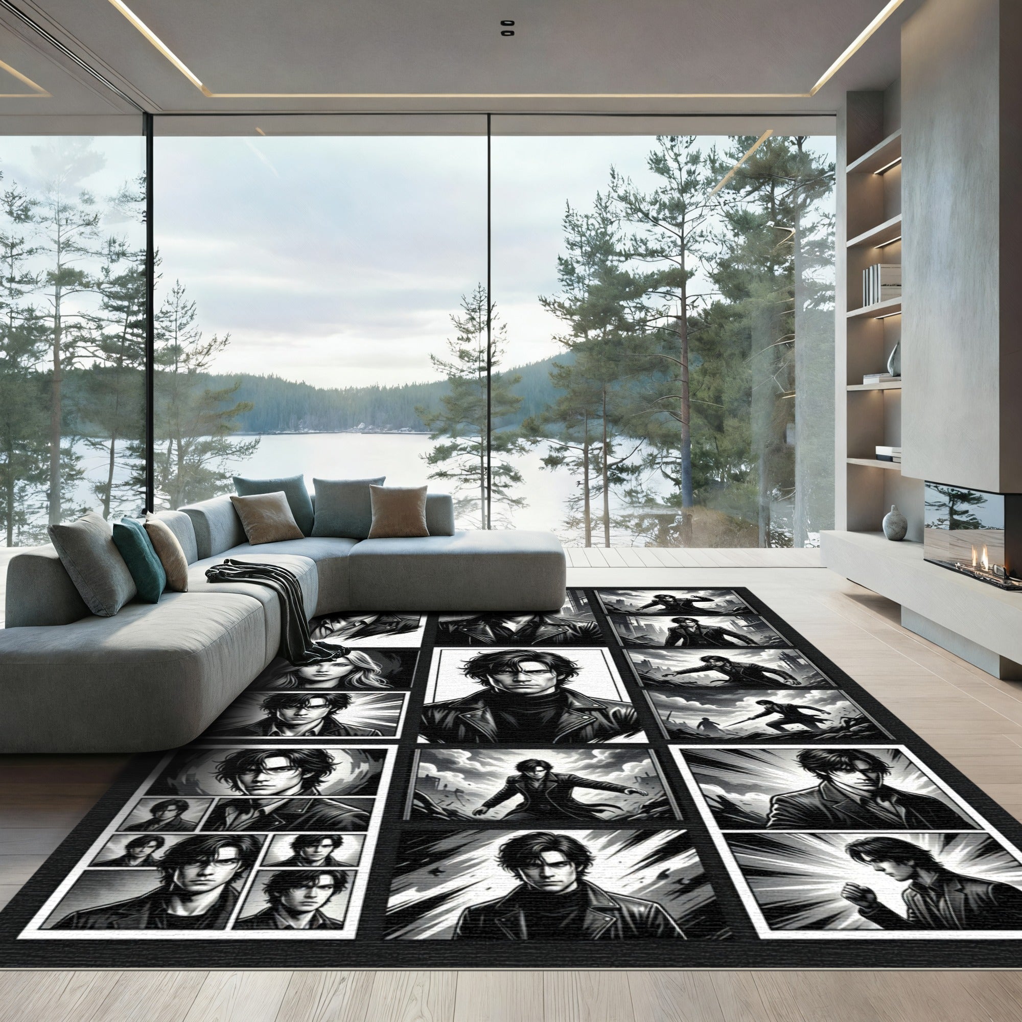 Noir Charcoal Manga Montage Illustration Rug