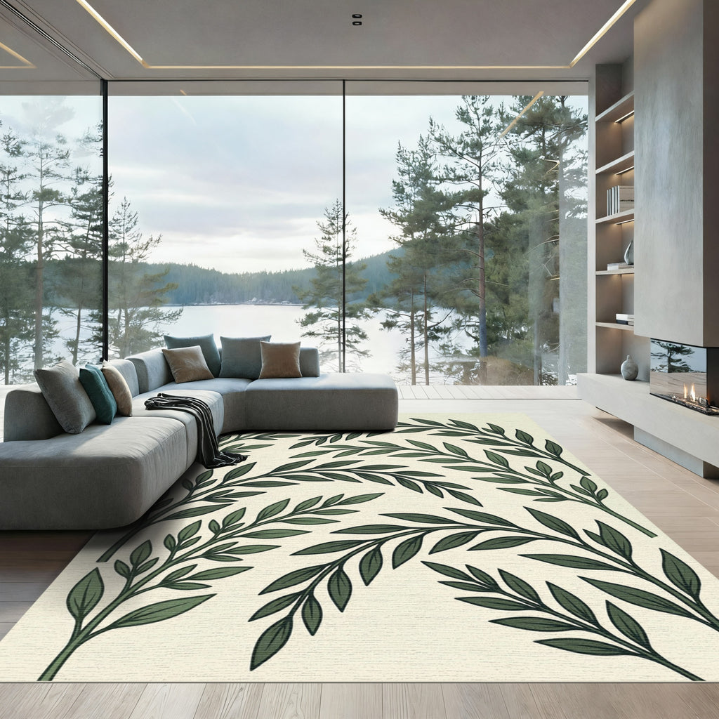 Elegant Sage Green Leafy Vine Rug