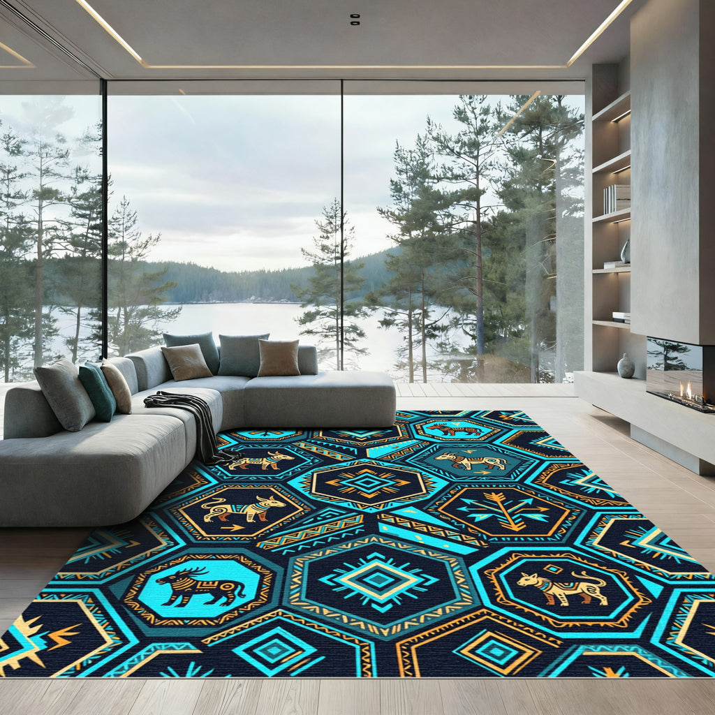 Tribal Hexagon Animals Turquoise Yellow Rug