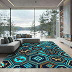 Tribal Hexagon Animals Turquoise Yellow Rug