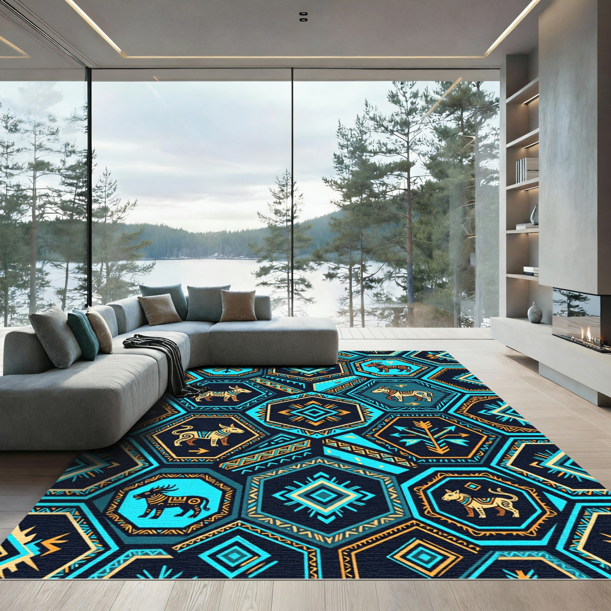 Tribal Hexagon Animals Turquoise Yellow Rug