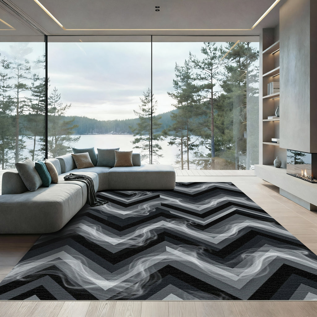 Smoky Gray Geometric Chevron Wave Rug