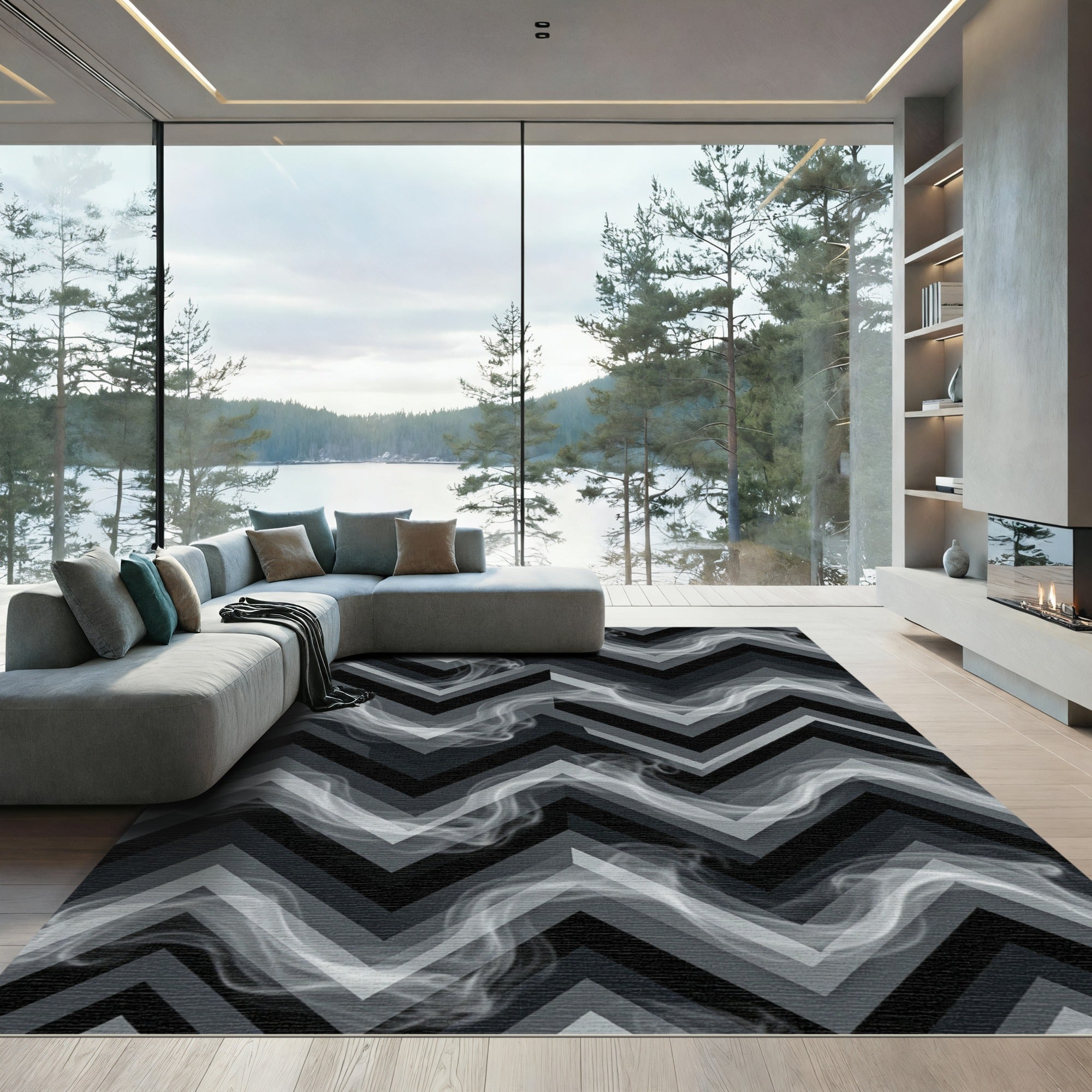 Smoky Gray Geometric Chevron Wave Rug