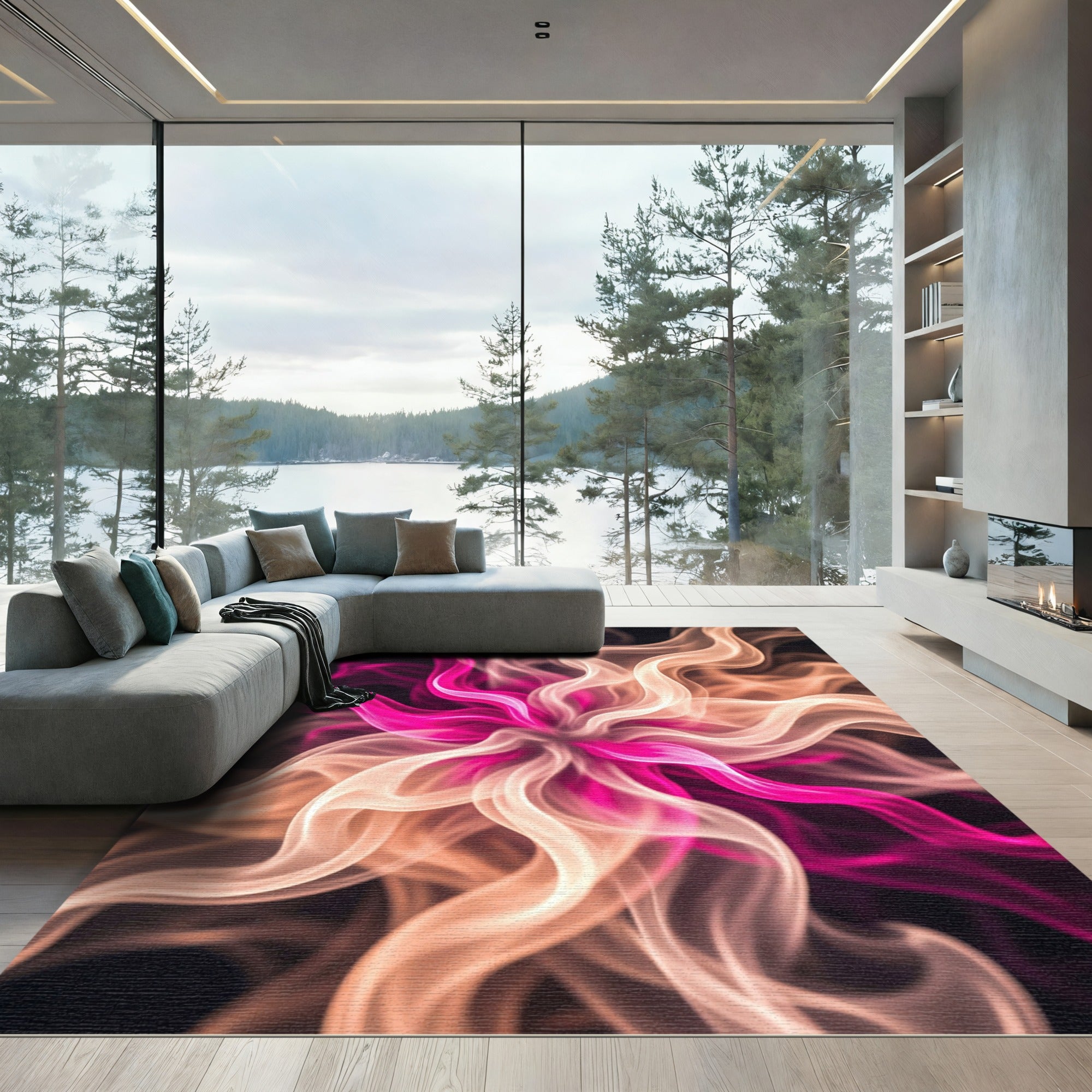 Radiant Pink Cream Abstract Swirl Rug