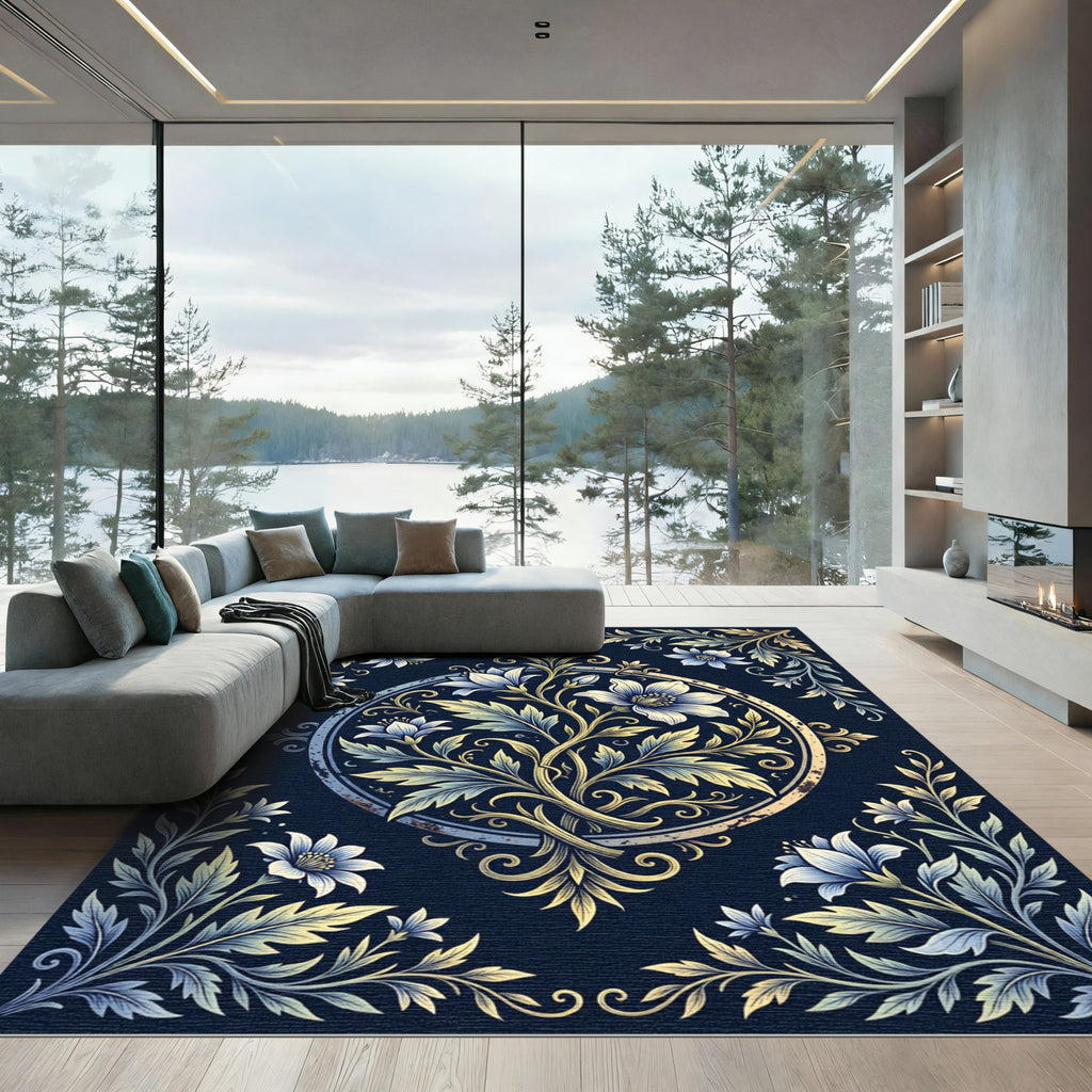 Ethereal Gold Floral Navy Medallion Rug