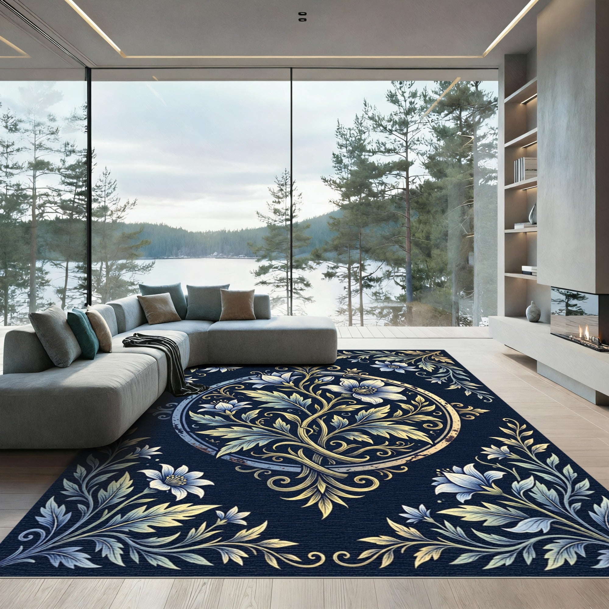 Ethereal Gold Floral Navy Medallion Rug