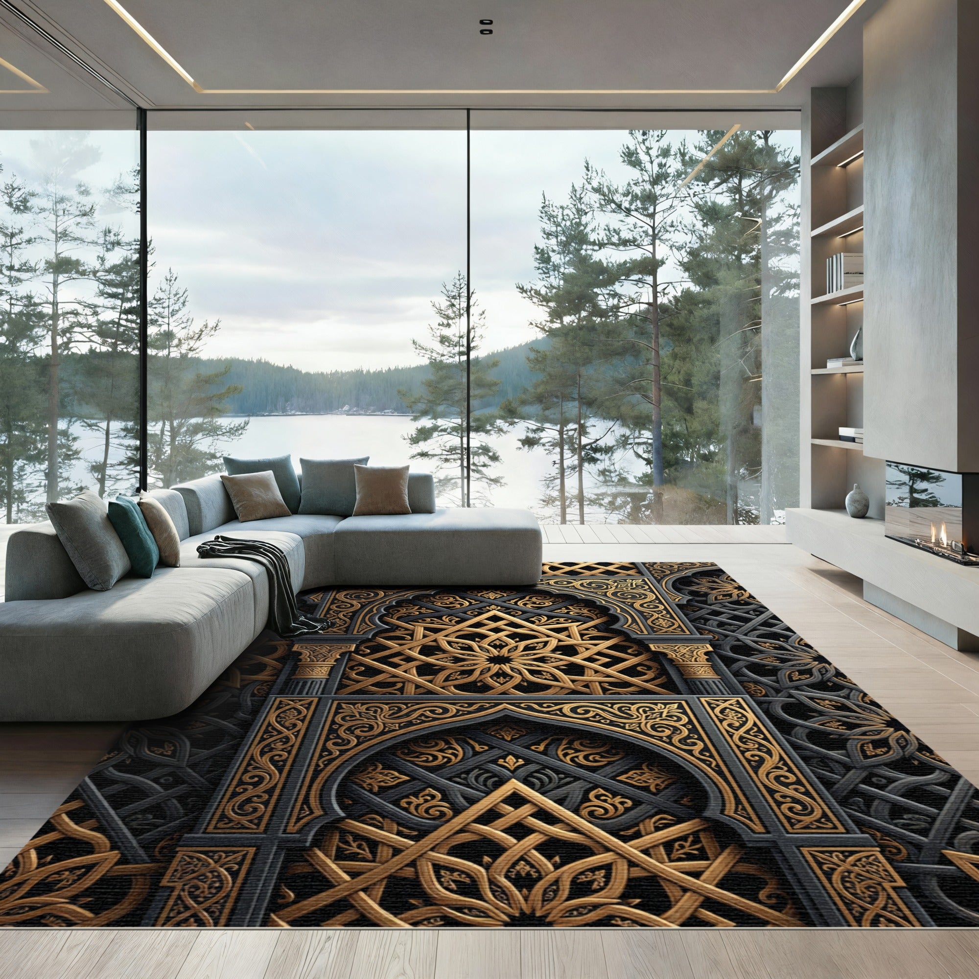 Ornate Gold Celestial Lattice Arch Rug
