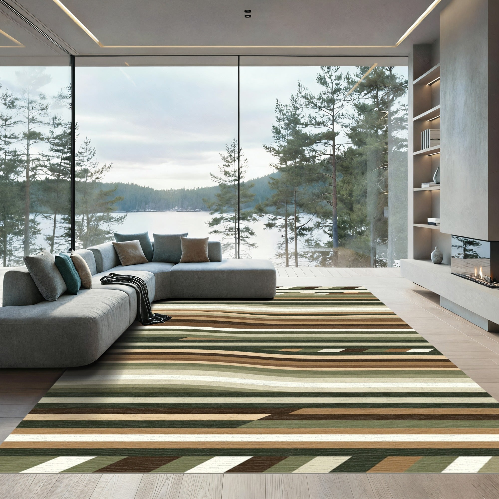 Earthy Olive And Mocha Wavy Stripe Rug