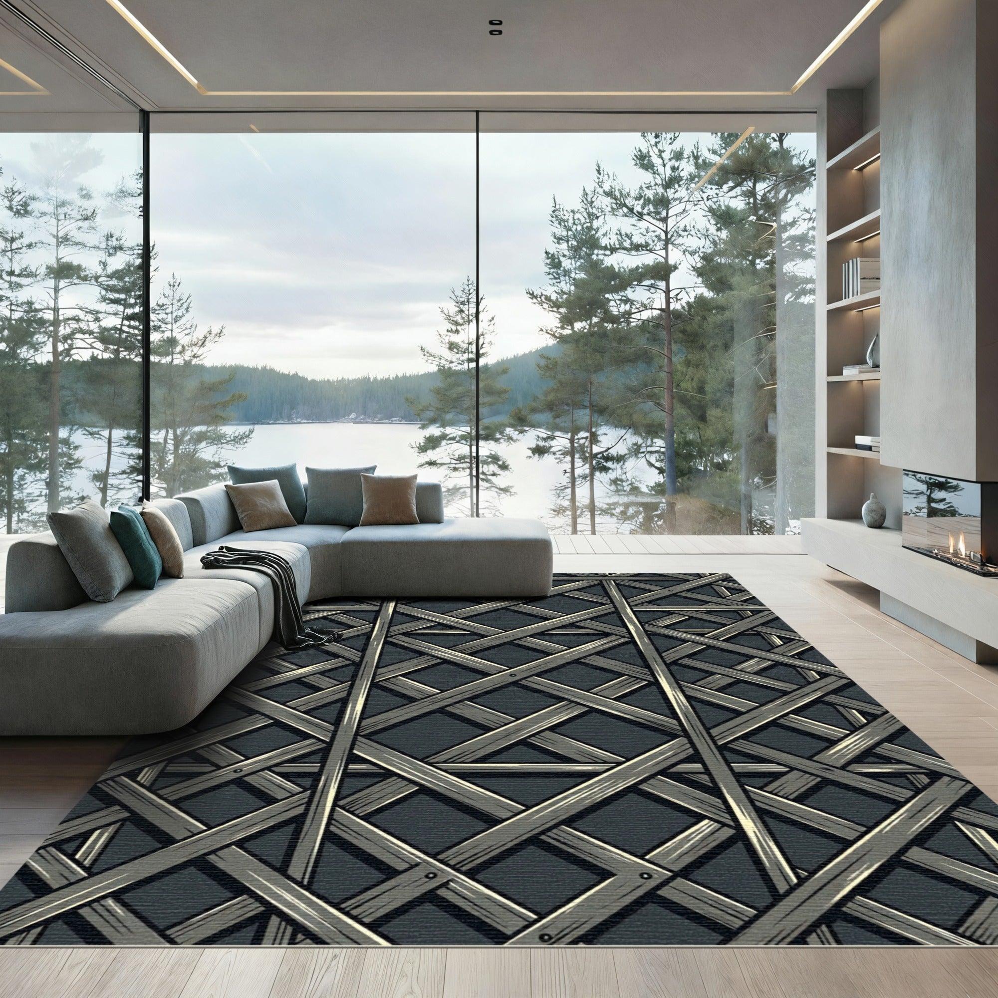 Dark Gray Rustic Lattice Weave Rug