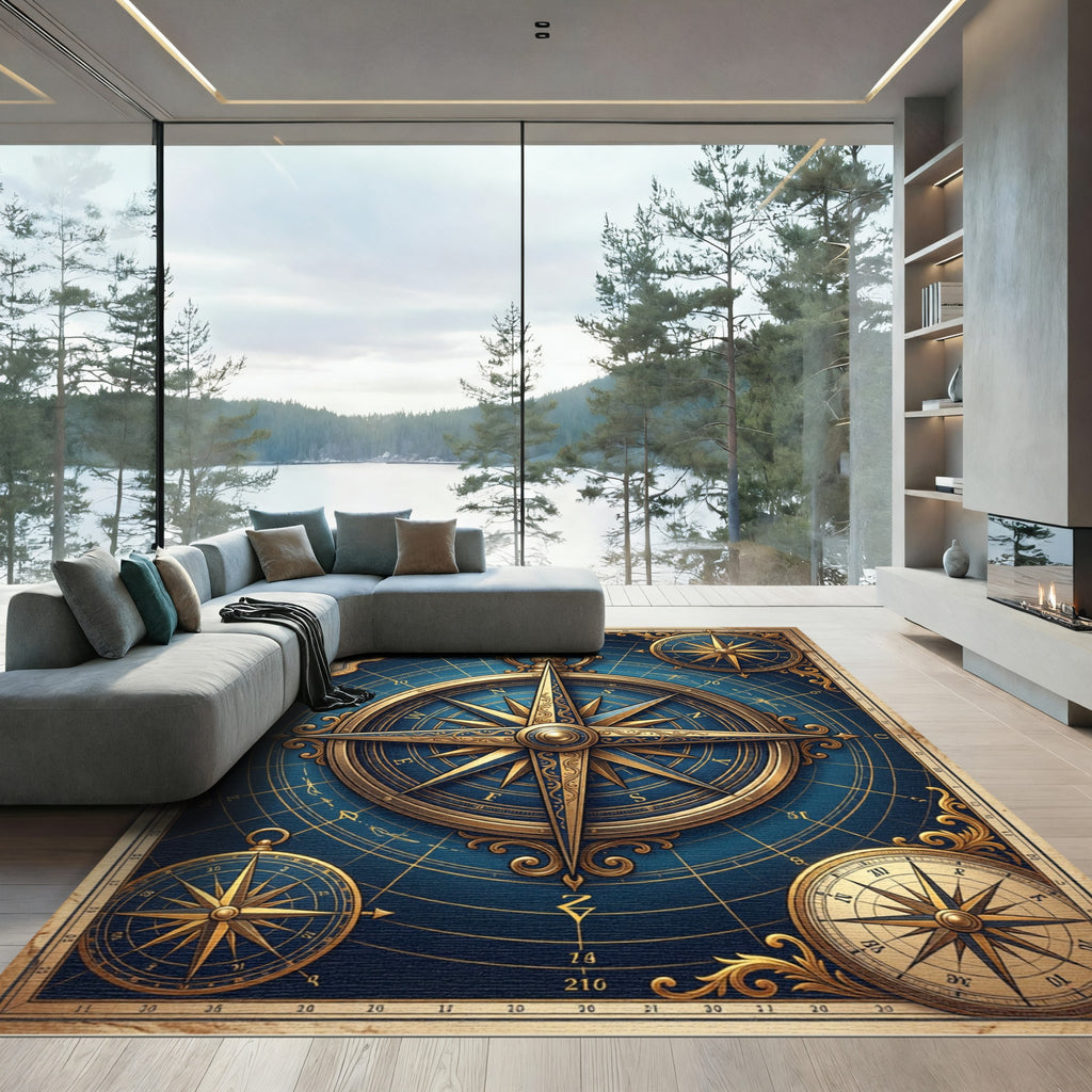 Golden Antique Compass Blue Nautical Rug