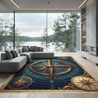 Golden Antique Compass Blue Nautical Rug