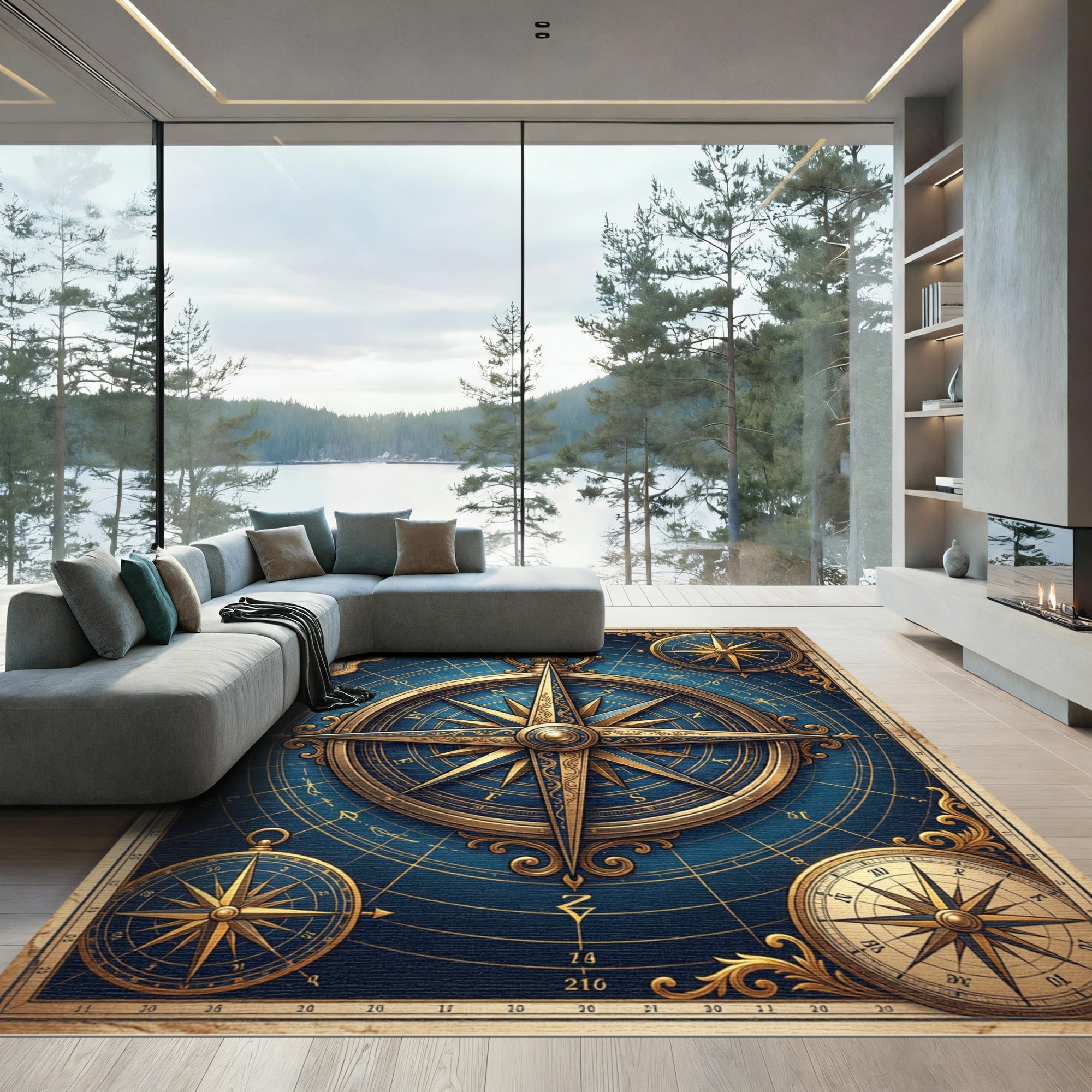 Golden Antique Compass Blue Nautical Rug