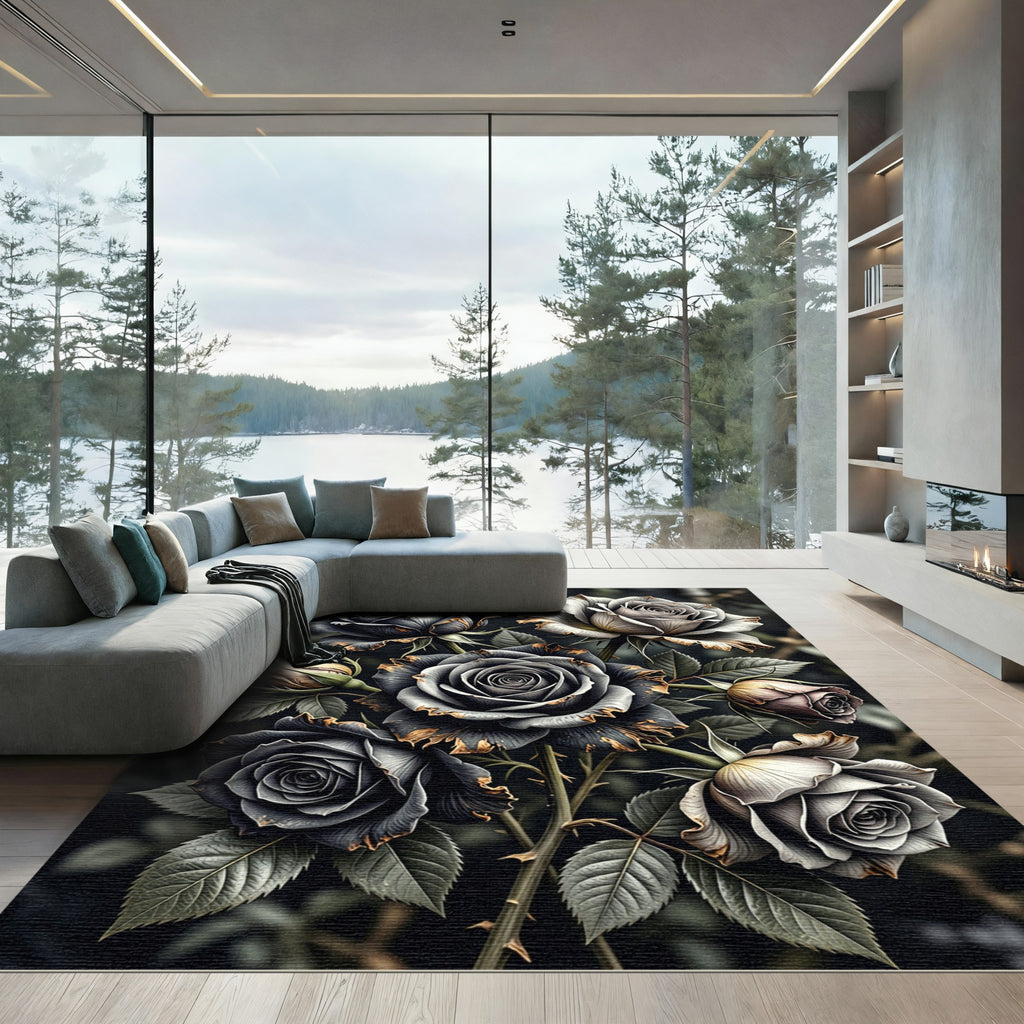 Dark Floral Rose Arrangement Rug
