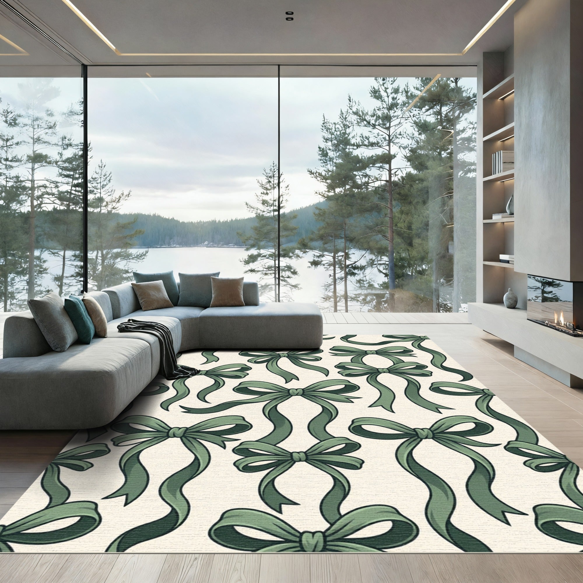 Sage Green Ribbon Bows Rug
