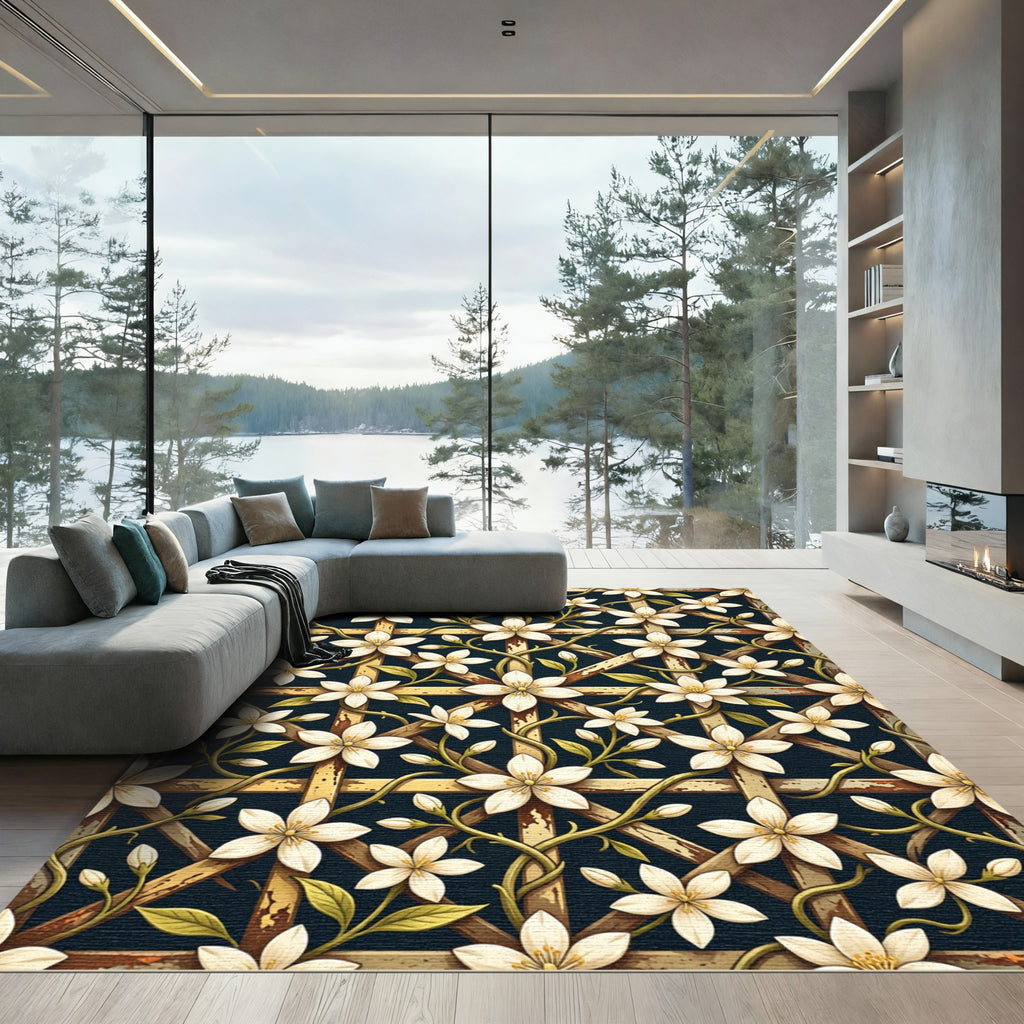 White Jasmine Blossom Trellis Grid Rug