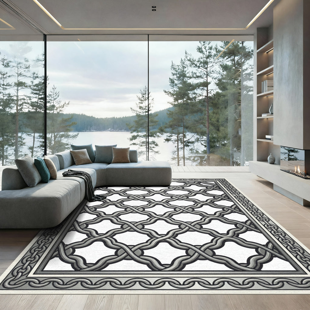 Silver Interlocking Chain Border Rug